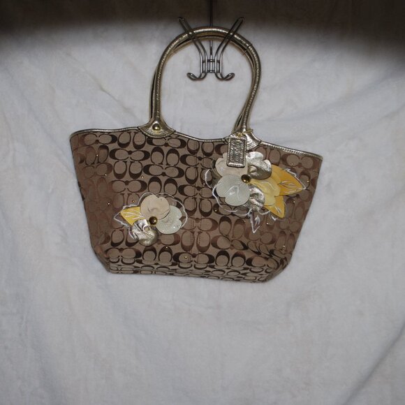 🌸COACH Large Signature Bleeker Floral Khaki Gold Tote Carryall Handbag🌸 - Picture 3 of 14